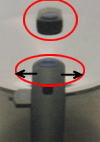 フィスラー新型ビタクイック圧力鍋の圧力表示部分は、上のピストン式、アロマピーは下の持ち手部分にあります。