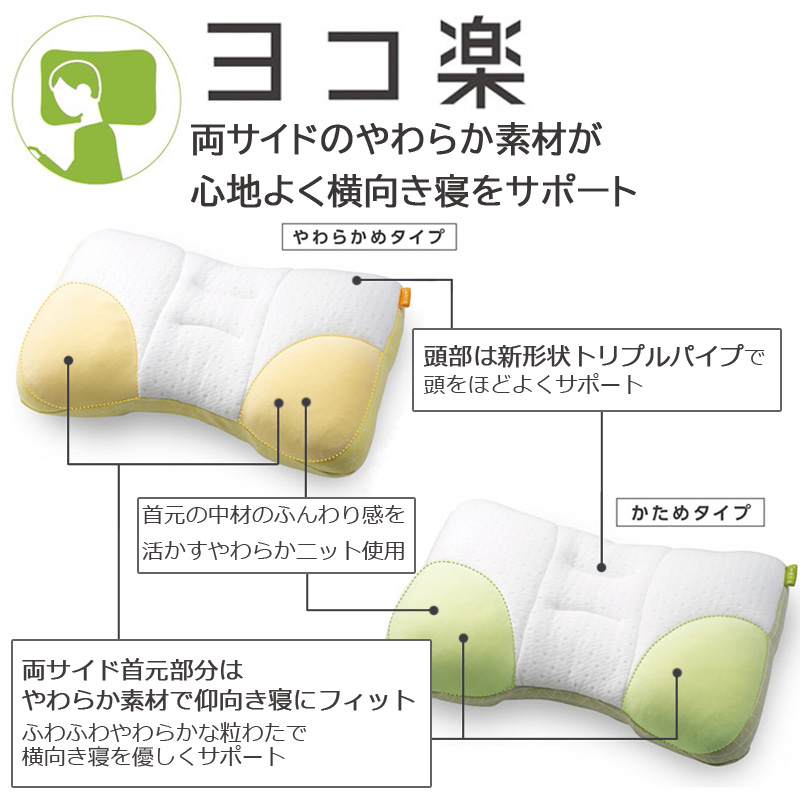 西川 枕 ヨコ楽 まくら 横向き寝 よこ向き寝 36×55cm 丸洗い 高さ調整